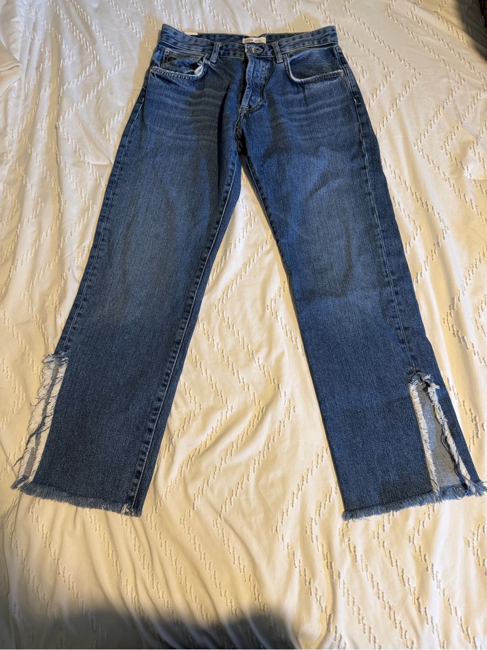 Zara Straight-Leg Mid Blue Jeans with Frayed Hem